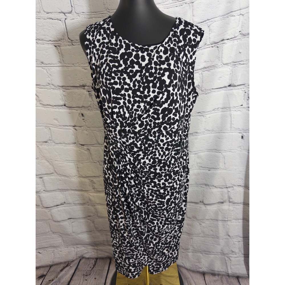 Enfocus Women Dress 14W Black White Animal Print‎ Ruched Sleeveless Sheath